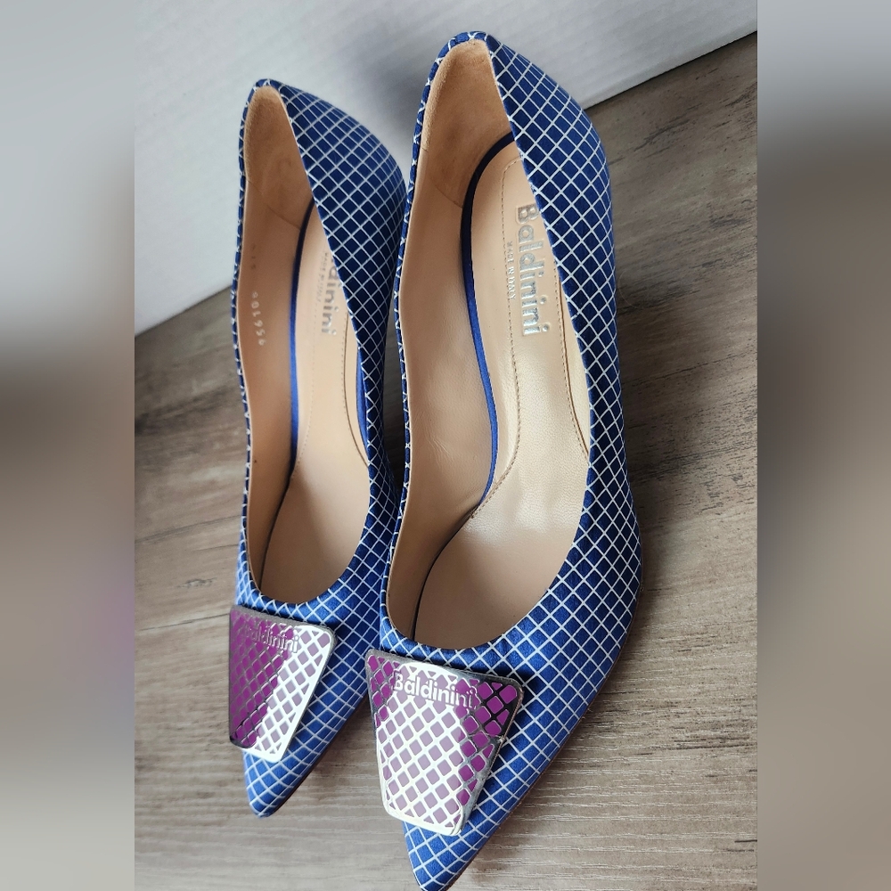 Baldinini Italian Designer Grid Print Kitten Heel Pumps Size 37.5 Made in Italy - Picture 3 of 16